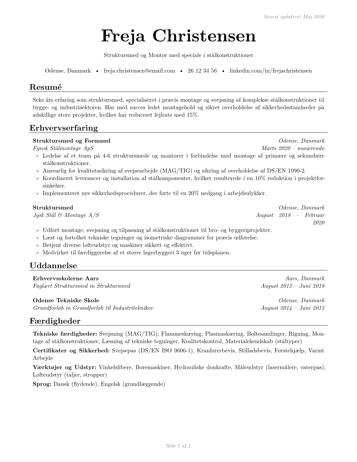 Structural Iron and Steel Workers CV in Danish — page 1