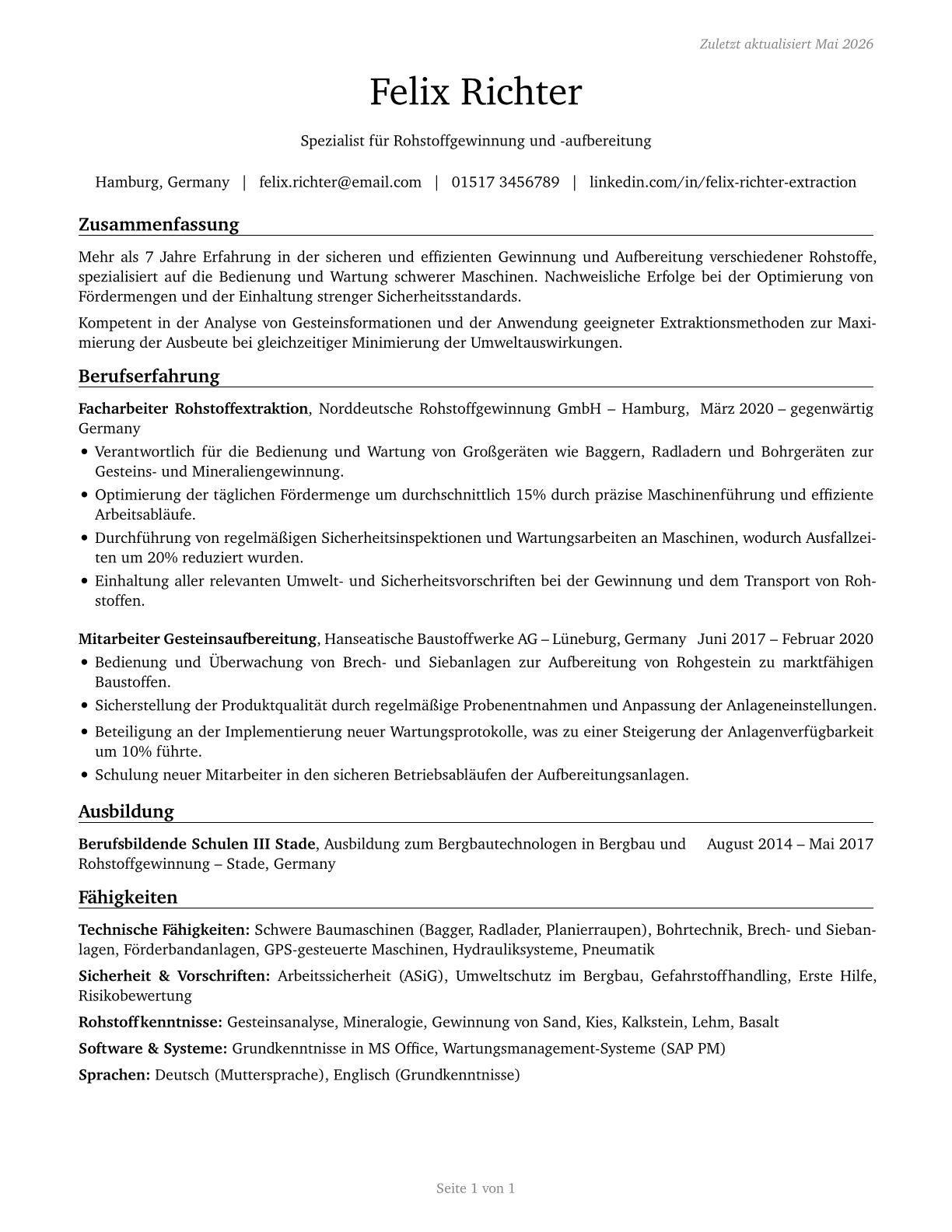 Extraction Workers, All Other CV in German — page 1