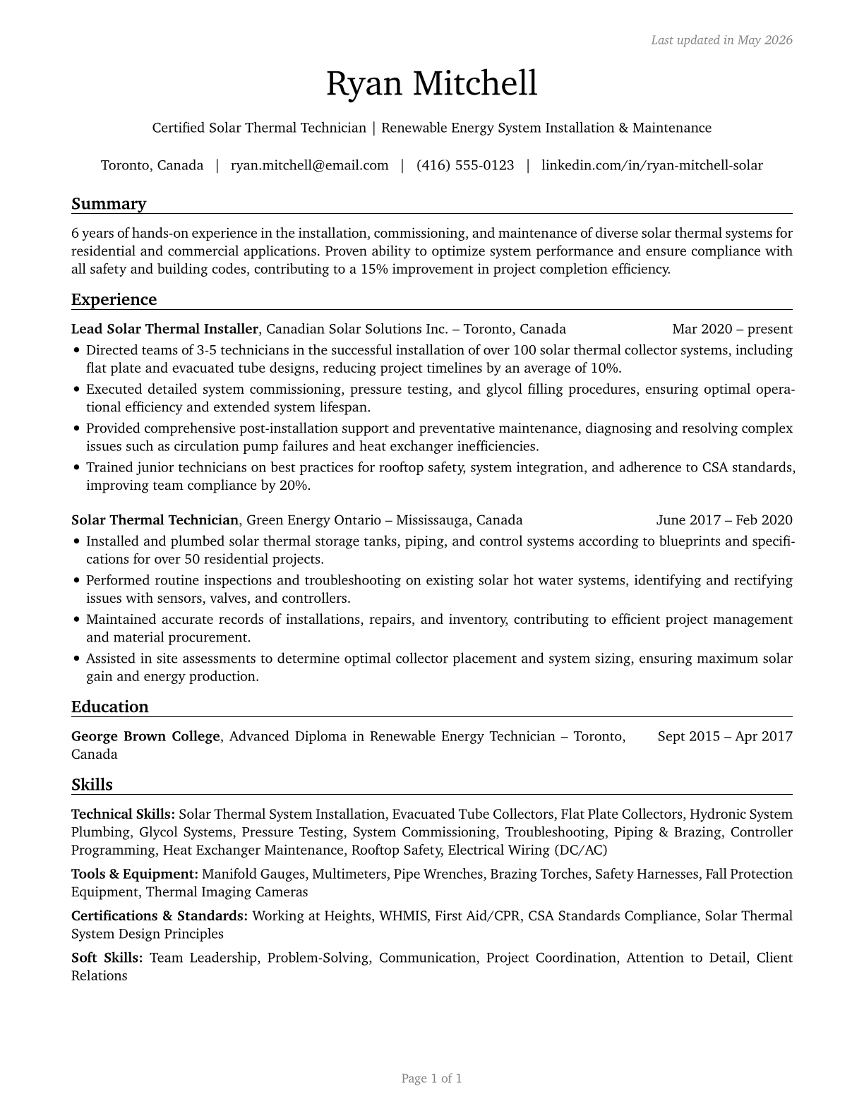 Solar Thermal Installers and Technicians CV in English — page 1