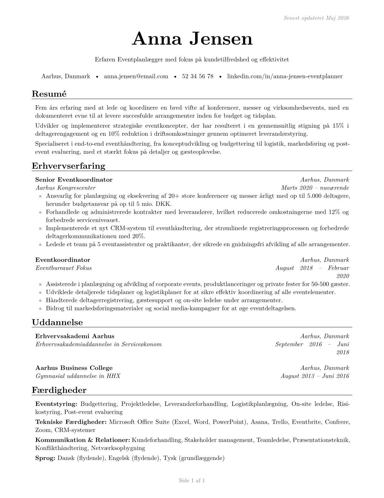 Meeting, Convention, and Event Planners CV in Danish — page 1