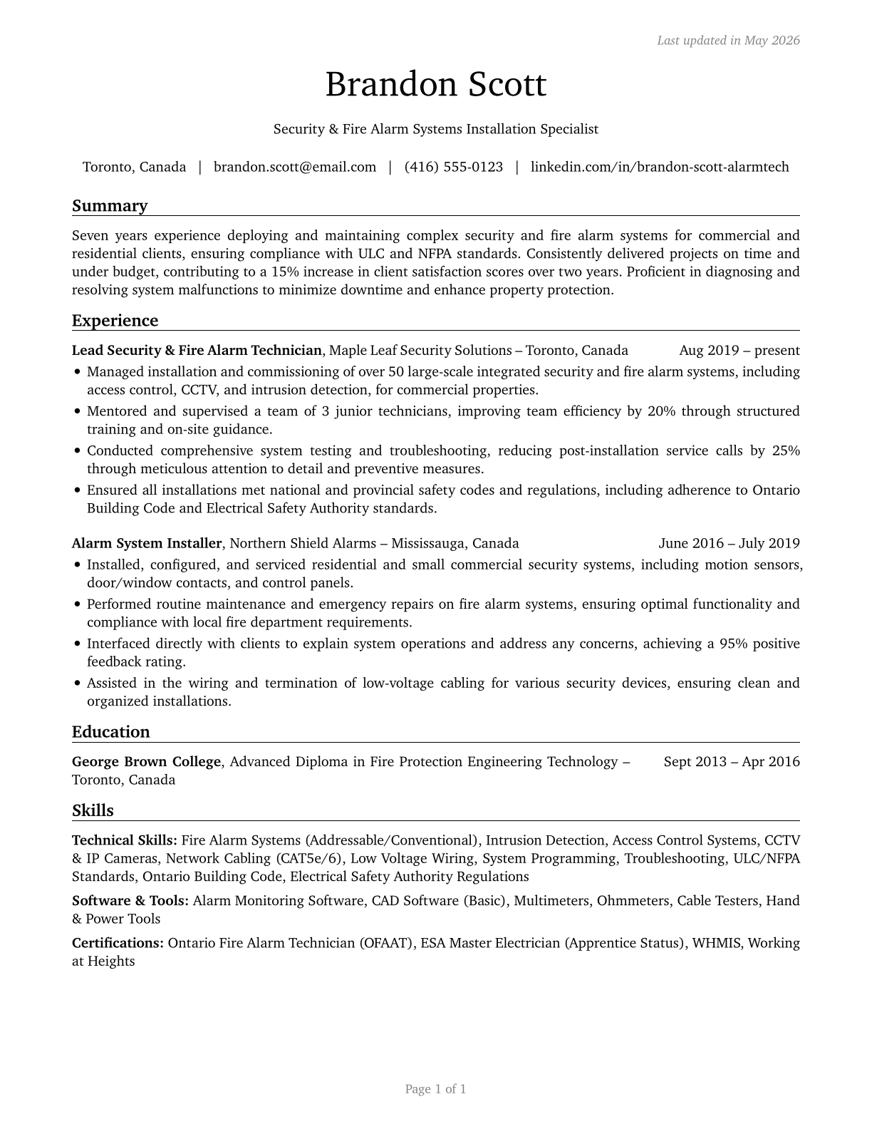 Security and Fire Alarm Systems Installers CV in English — page 1