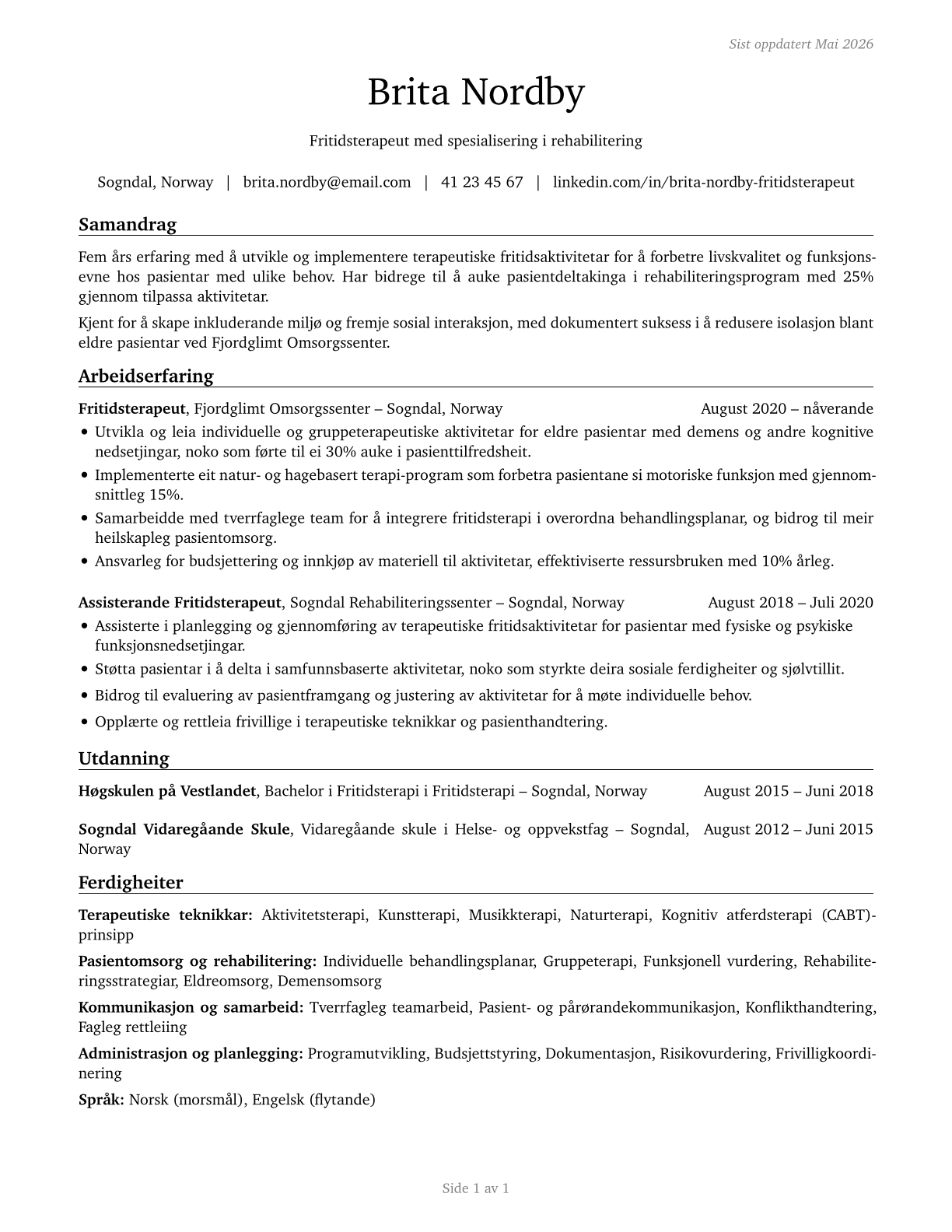 Recreational Therapists CV in Norwegian_nynorsk — page 1