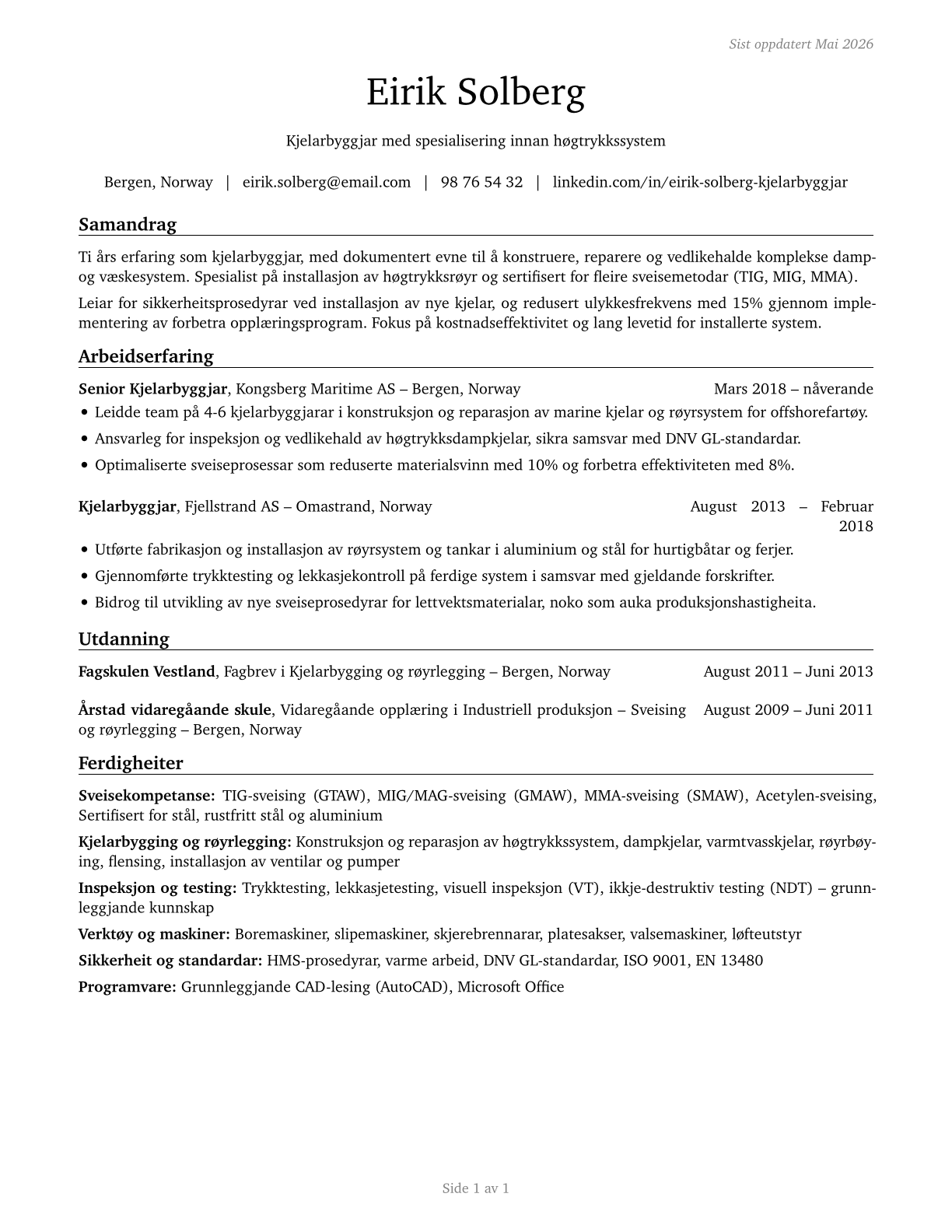 Boilermakers CV in Norwegian_nynorsk — page 1