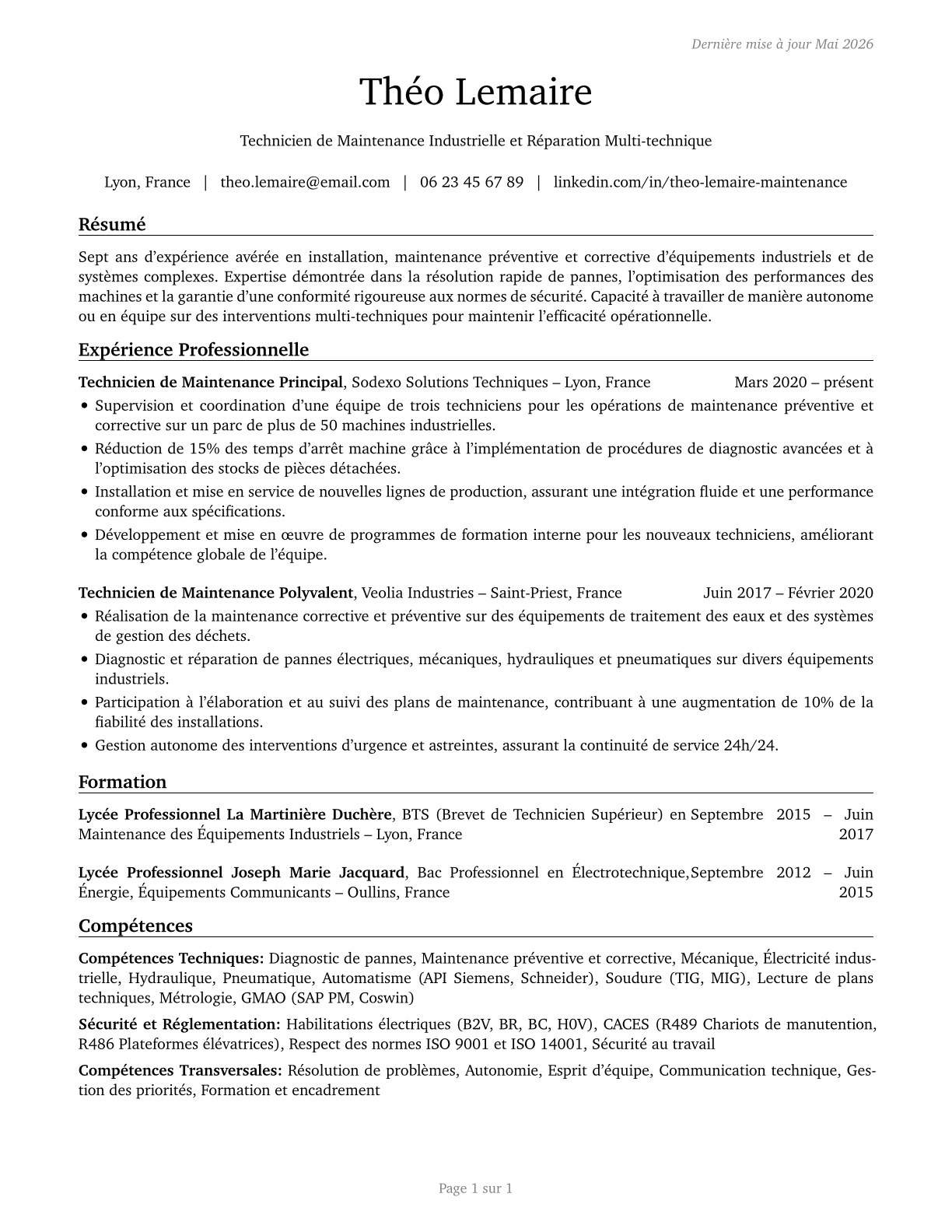 Installation, Maintenance, and Repair Workers, All Other CV in French — page 1