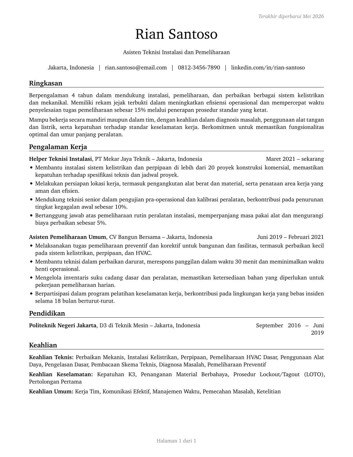Helpers--Installation, Maintenance, and Repair Workers CV in Indonesian — page 1