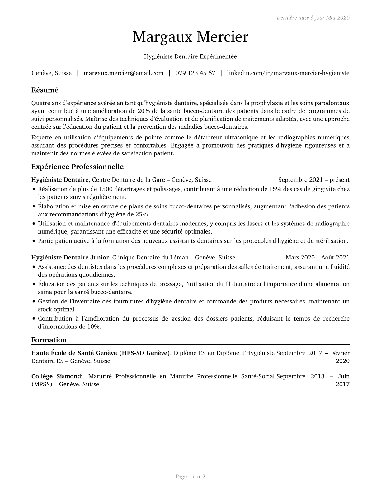 Dental Hygienists CV in French — page 1