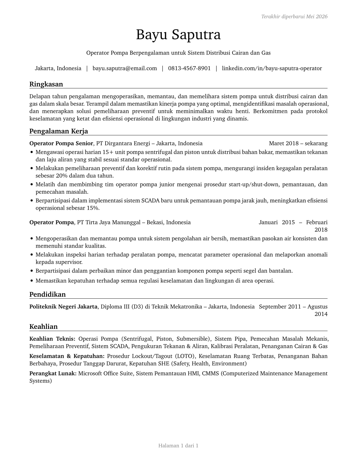 Pump Operators, Except Wellhead Pumpers CV in Indonesian — page 1