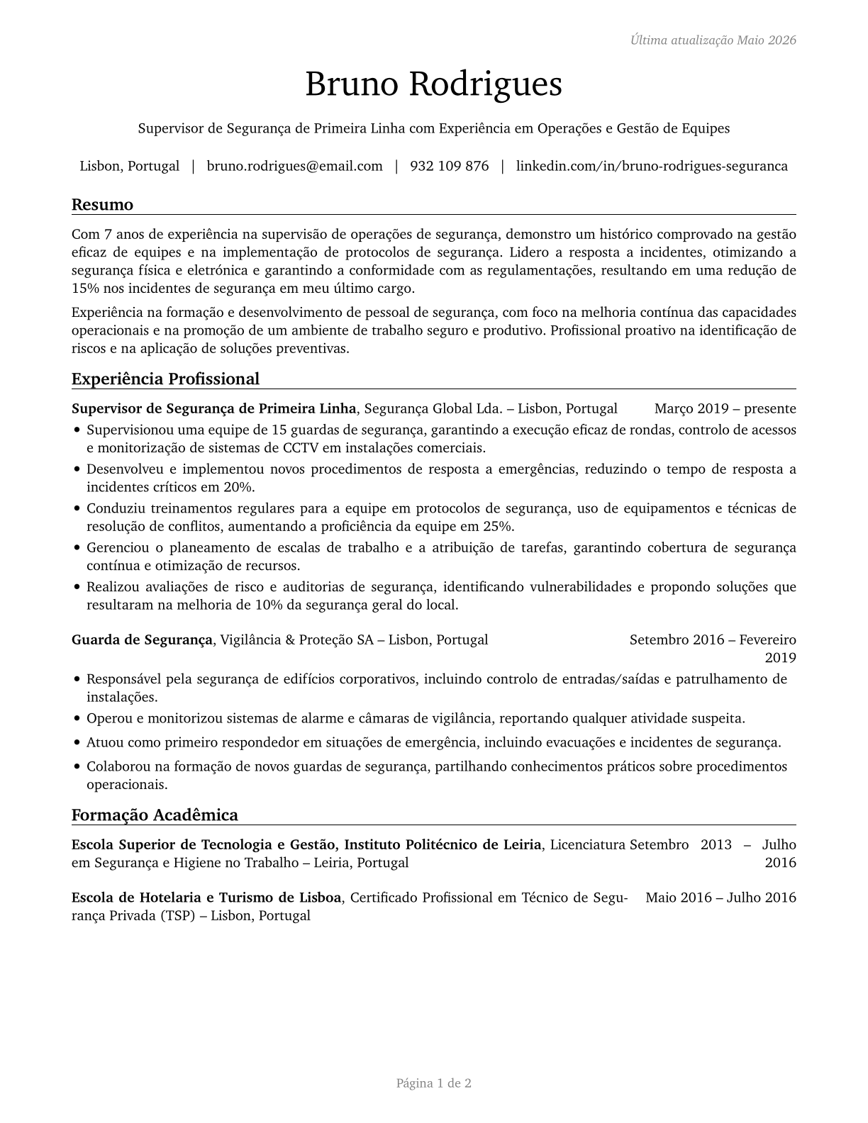 First-Line Supervisors of Security Workers CV in Portuguese — page 1