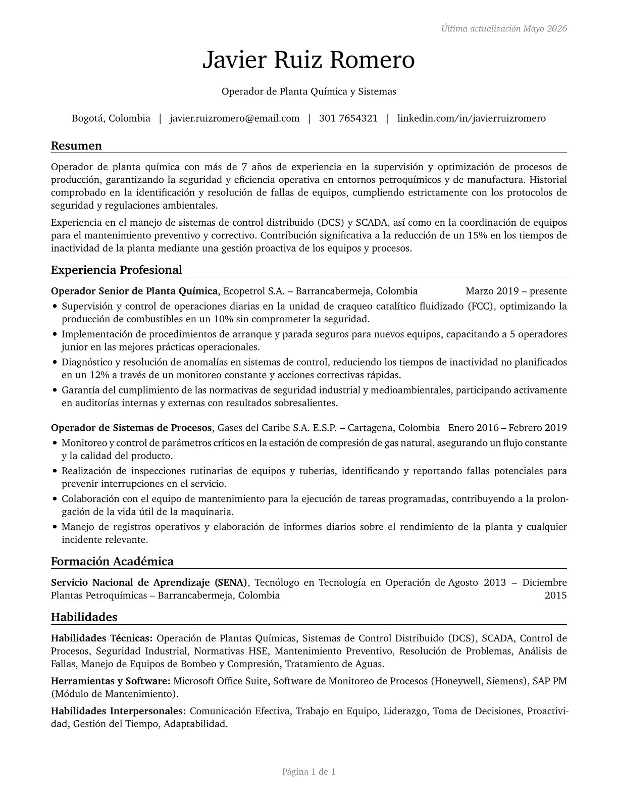 Chemical Plant and System Operators CV in Spanish — page 1