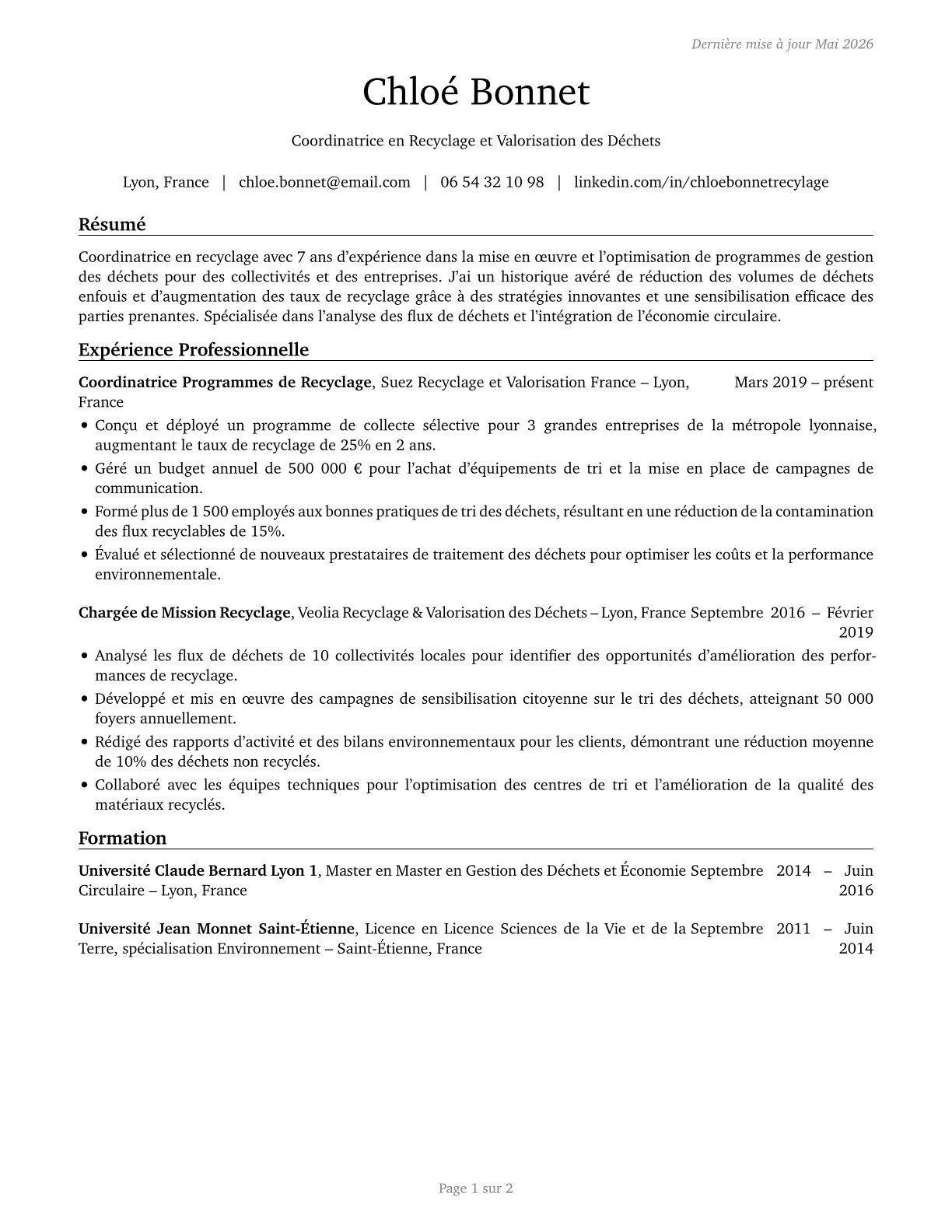 Recycling Coordinators CV in French — page 1