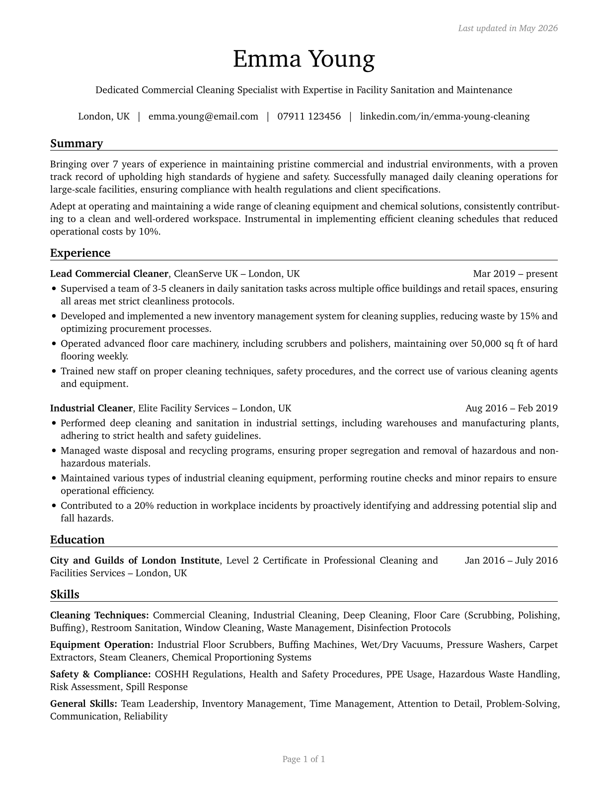 Janitors and Cleaners, Except Maids and Housekeeping Cleaners CV in English — page 1