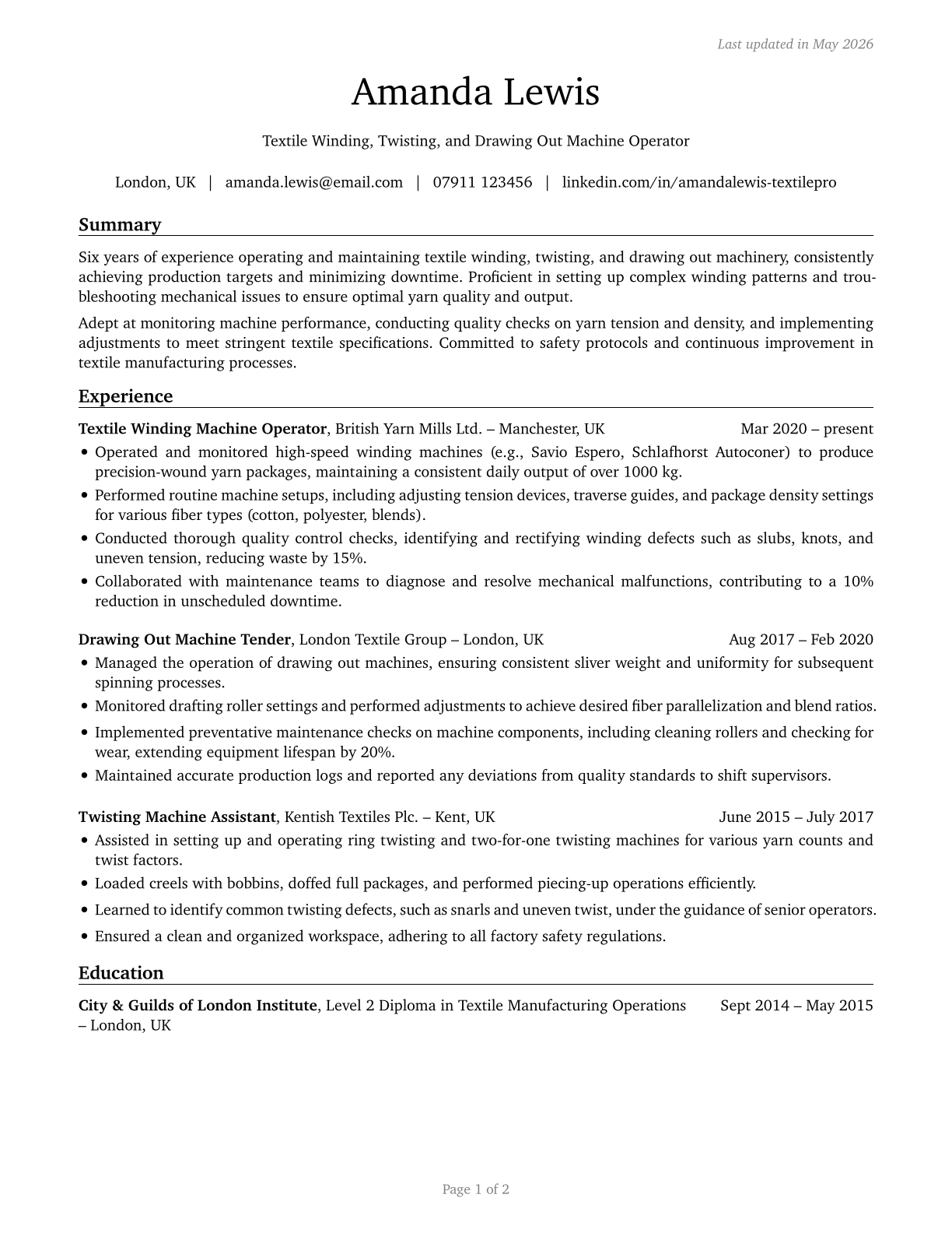 Textile Winding, Twisting, and Drawing Out Machine Setters, Operators, and Tenders CV in English — page 1