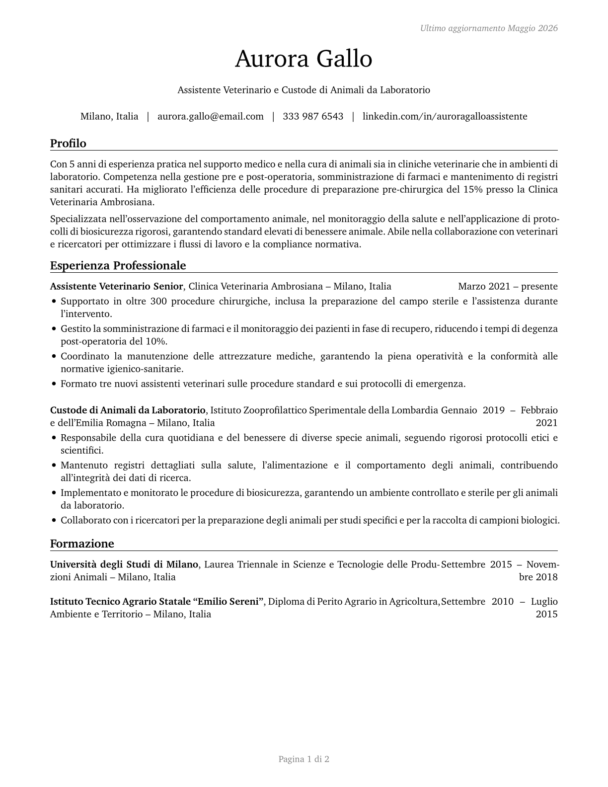 Veterinary Assistants and Laboratory Animal Caretakers CV in Italian — page 1