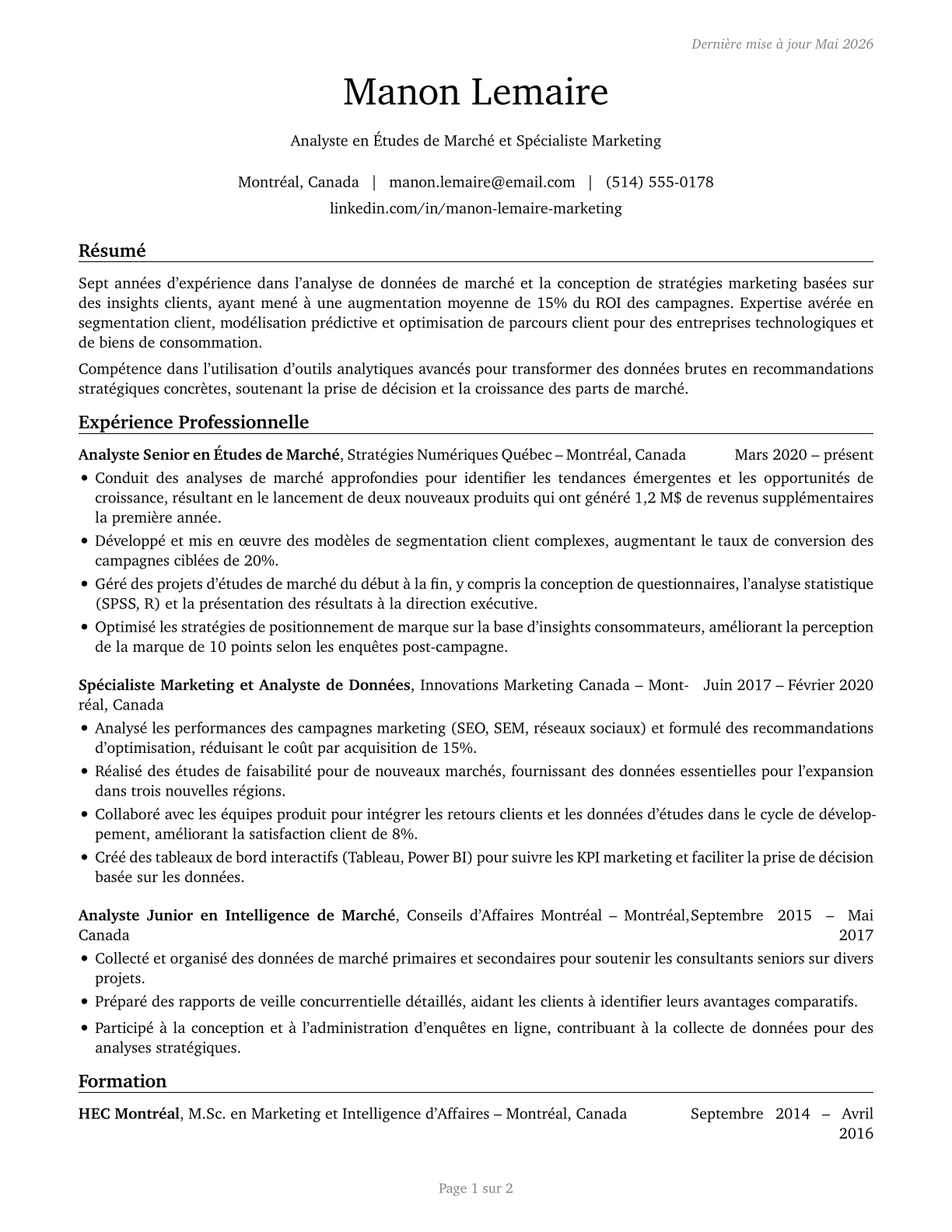 Market Research Analysts and Marketing Specialists CV in French — page 1