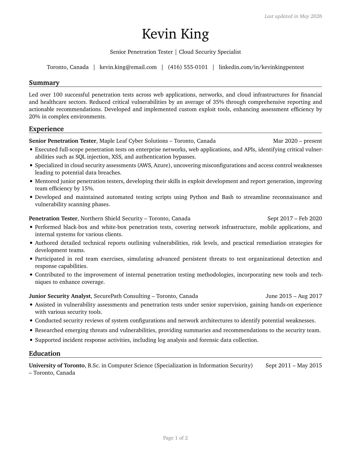 Penetration Testers CV in English — page 1