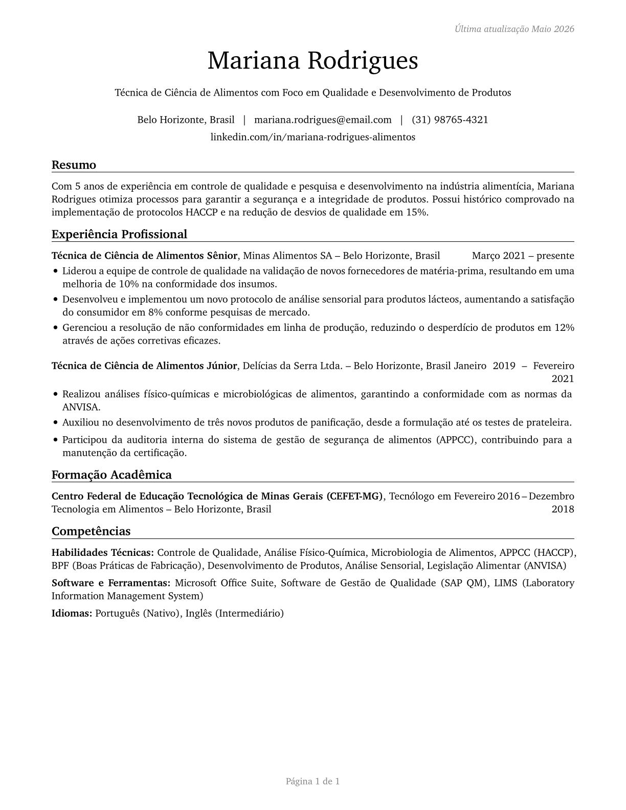 Food Science Technicians CV in Portuguese — page 1