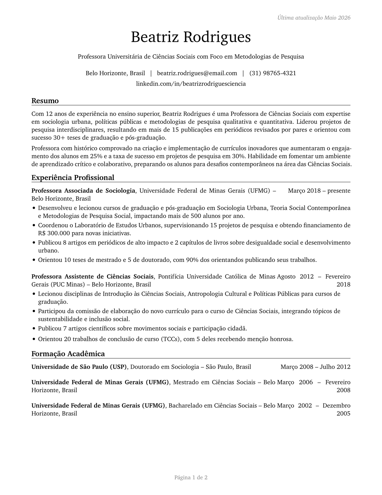 Social Sciences Teachers, Postsecondary, All Other CV in Portuguese — page 1