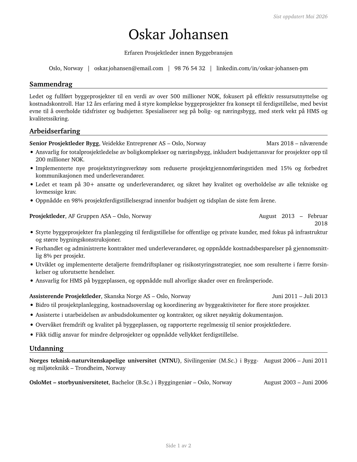 Construction Managers CV in Norwegian_bokmal — page 1