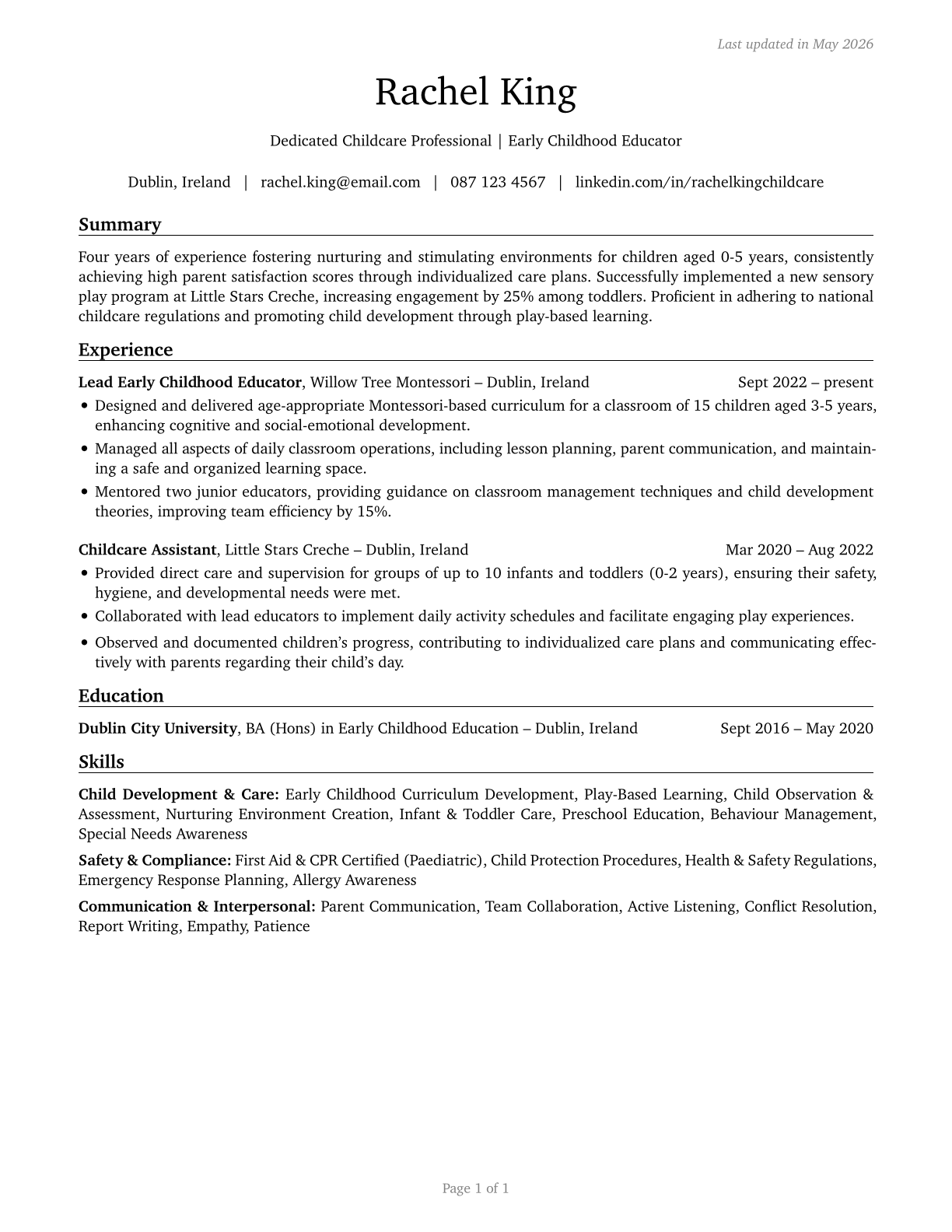 Childcare Workers CV in English — page 1