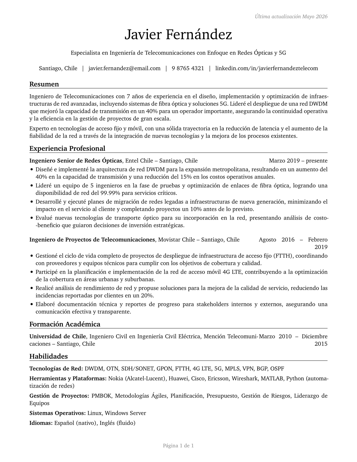 Telecommunications Engineering Specialists CV in Spanish — page 1