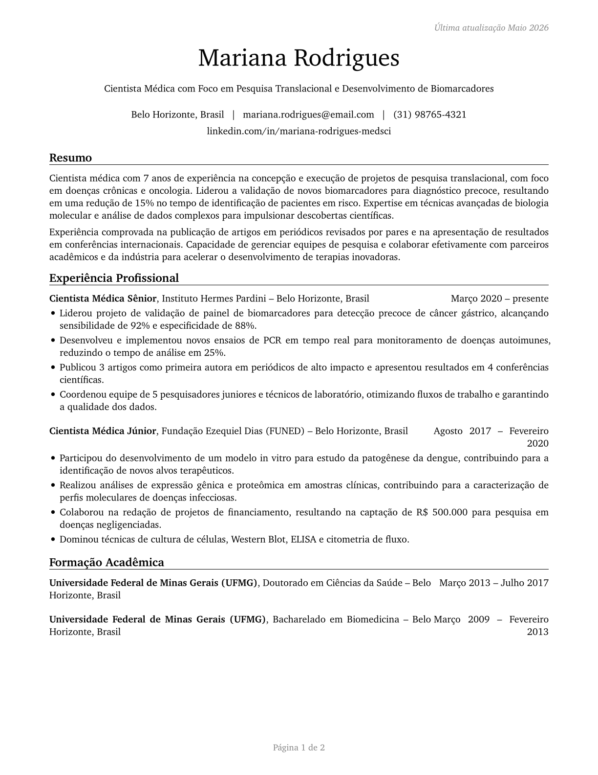 Medical Scientists, Except Epidemiologists CV in Portuguese — page 1