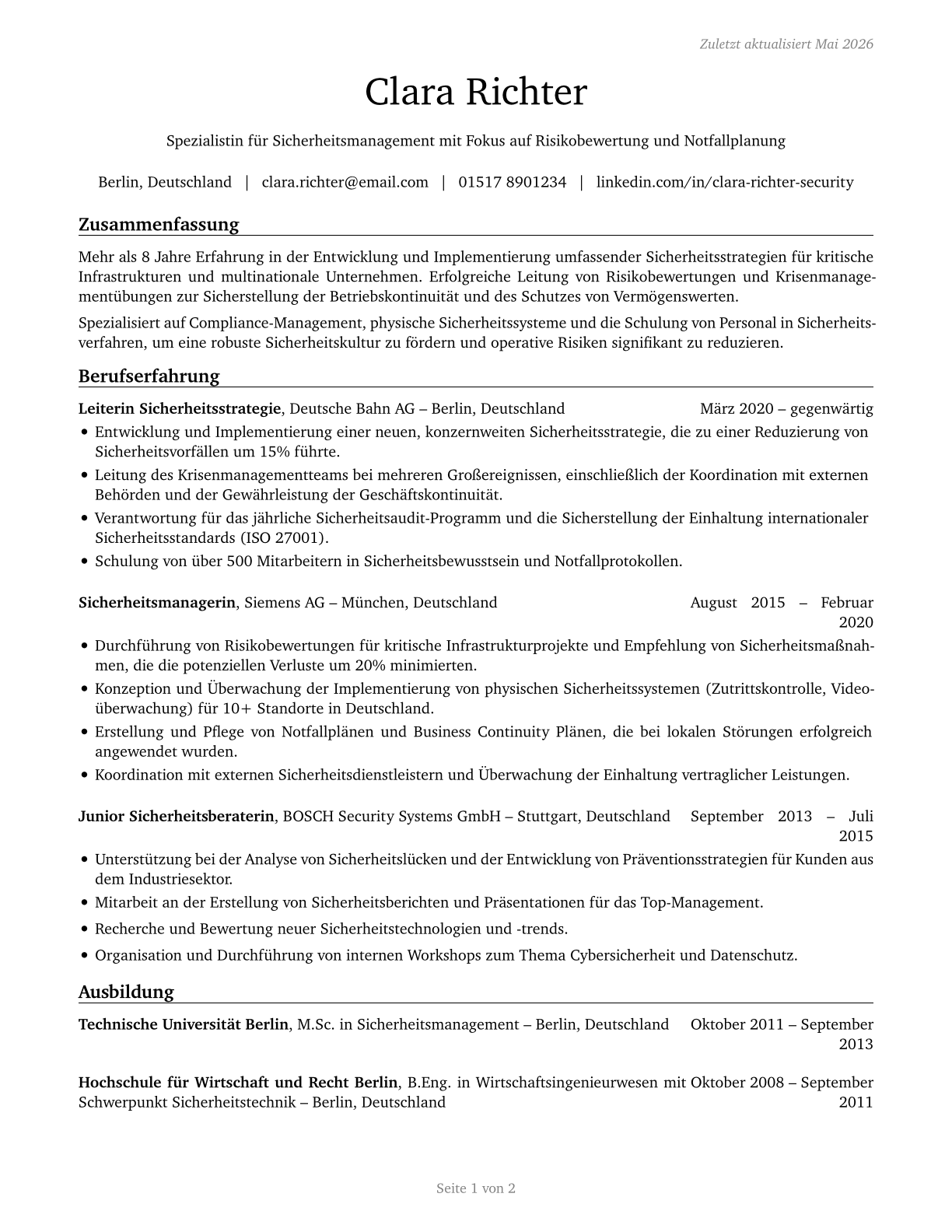 Security Management Specialists CV in German — page 1