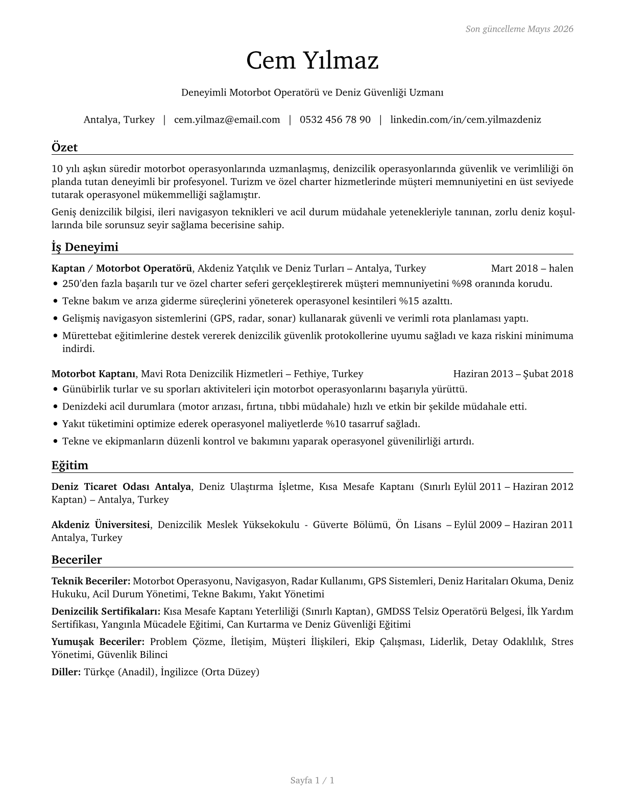 Motorboat Operators CV in Turkish — page 1