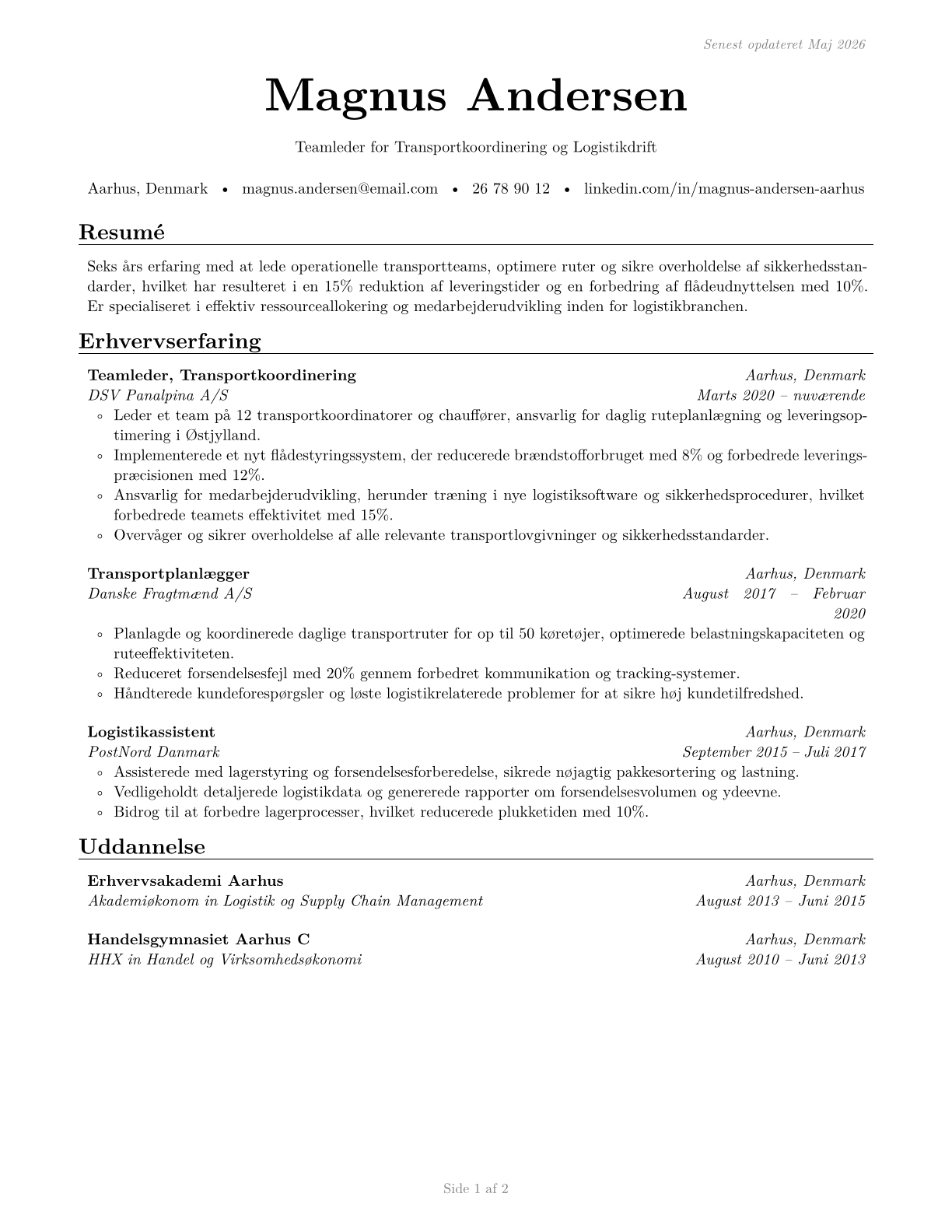 First-Line Supervisors of Transportation Workers, All Other CV in Danish — page 1