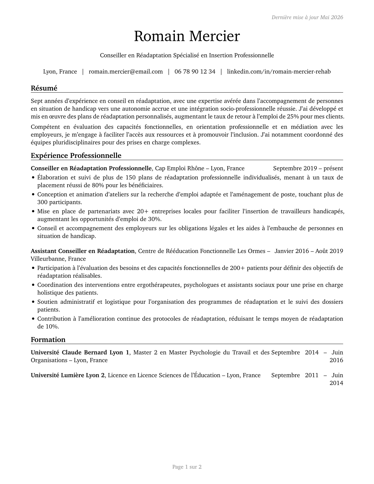 Rehabilitation Counselors CV in French — page 1