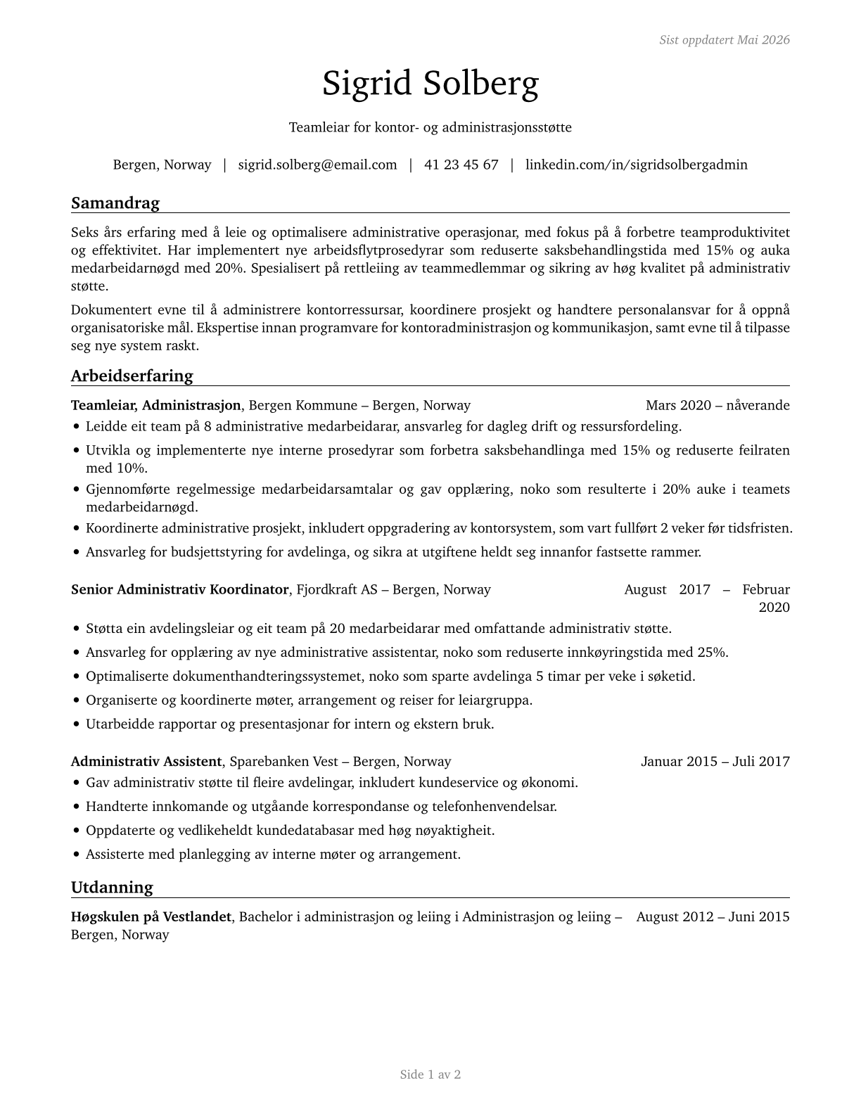 First-Line Supervisors of Office and Administrative Support Workers CV in Norwegian_nynorsk — page 1