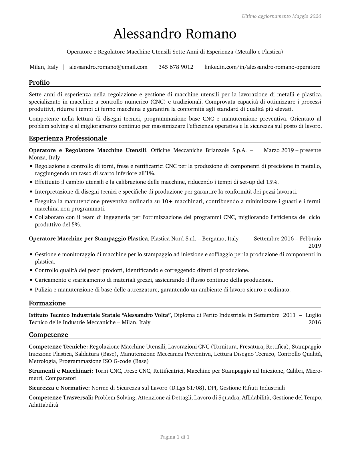Multiple Machine Tool Setters, Operators, and Tenders, Metal and Plastic CV in Italian — page 1
