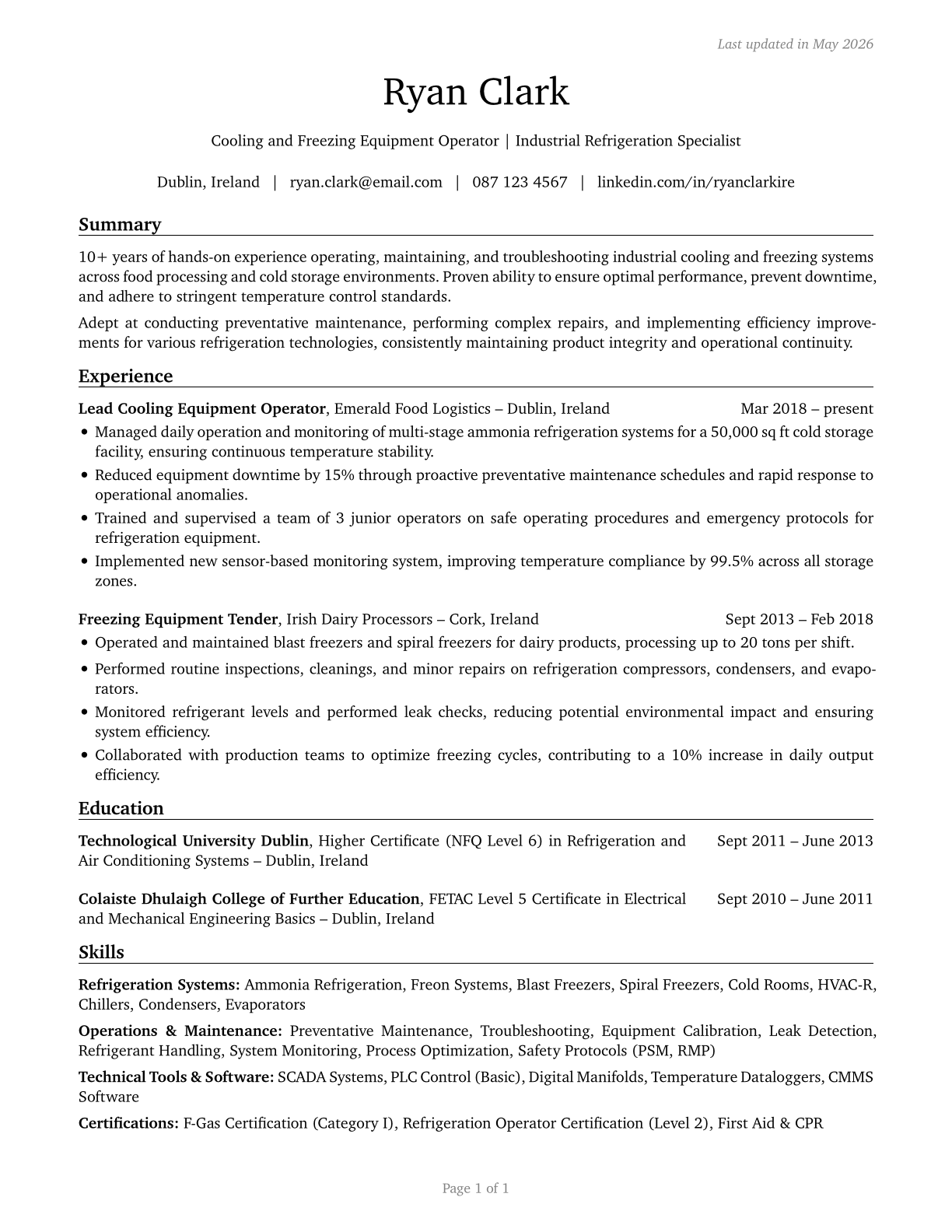 Cooling and Freezing Equipment Operators and Tenders CV in English — page 1