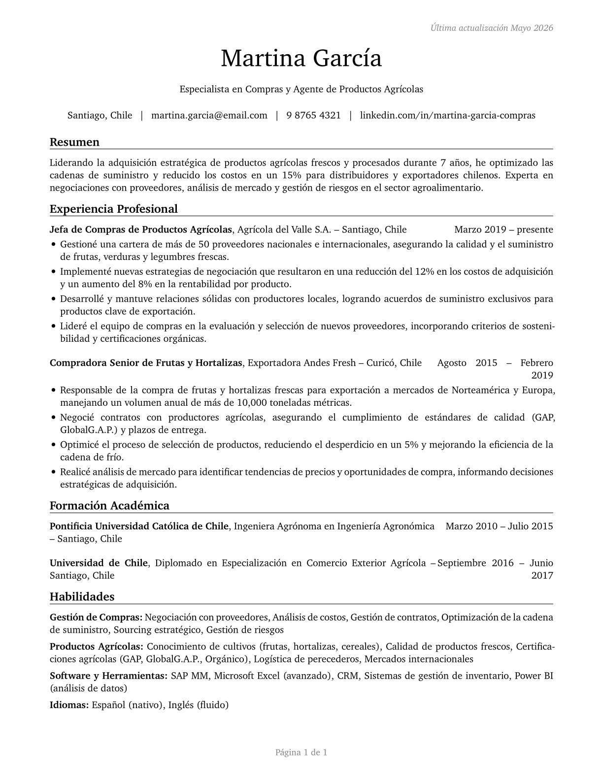 Buyers and Purchasing Agents, Farm Products CV in Spanish — page 1
