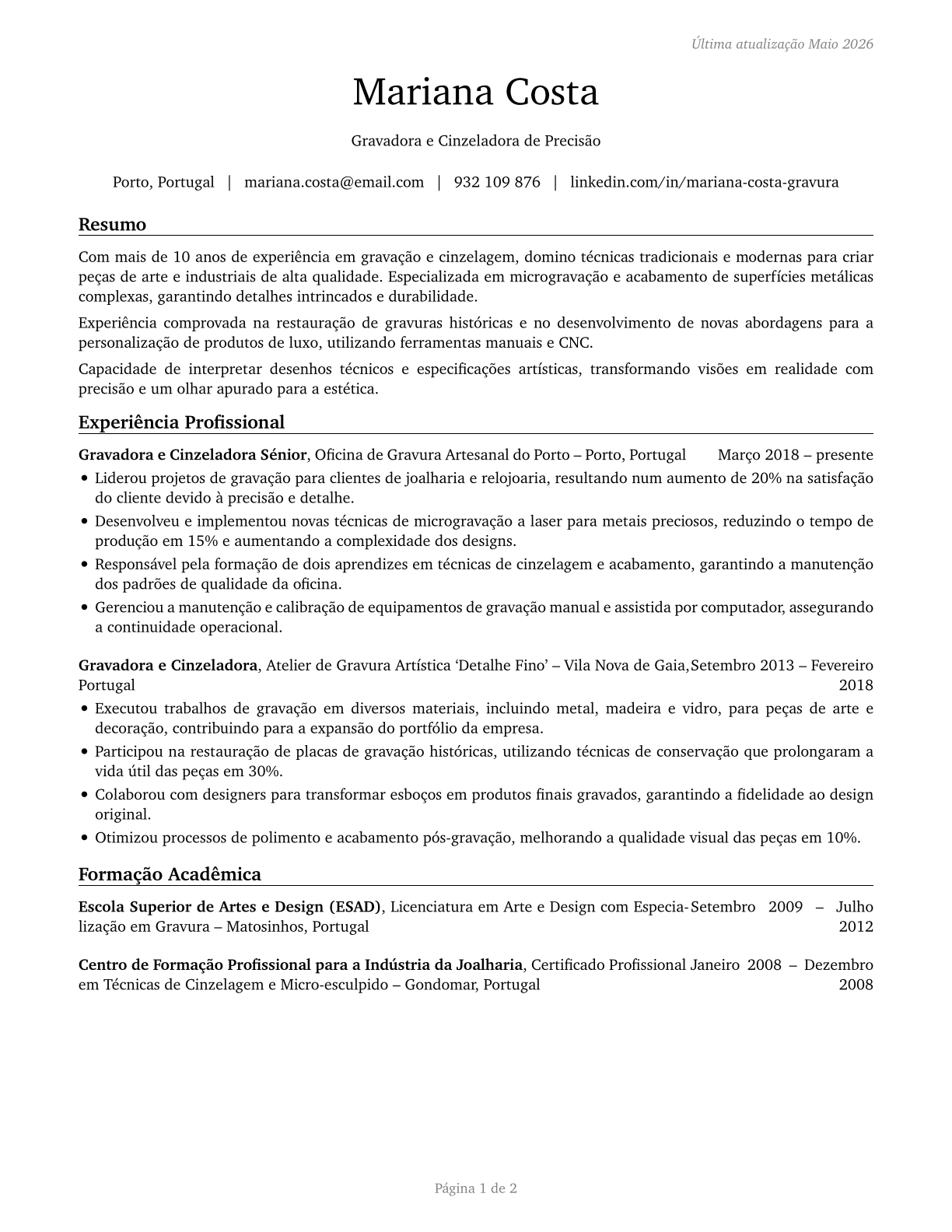 Etchers and Engravers CV in Portuguese — page 1