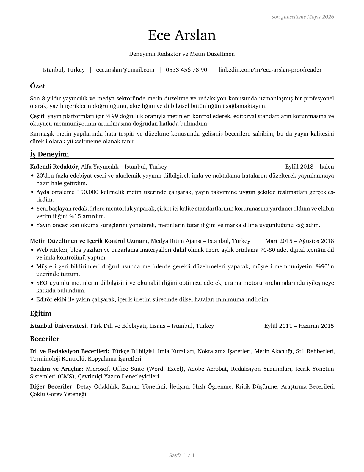 Proofreaders and Copy Markers CV in Turkish — page 1