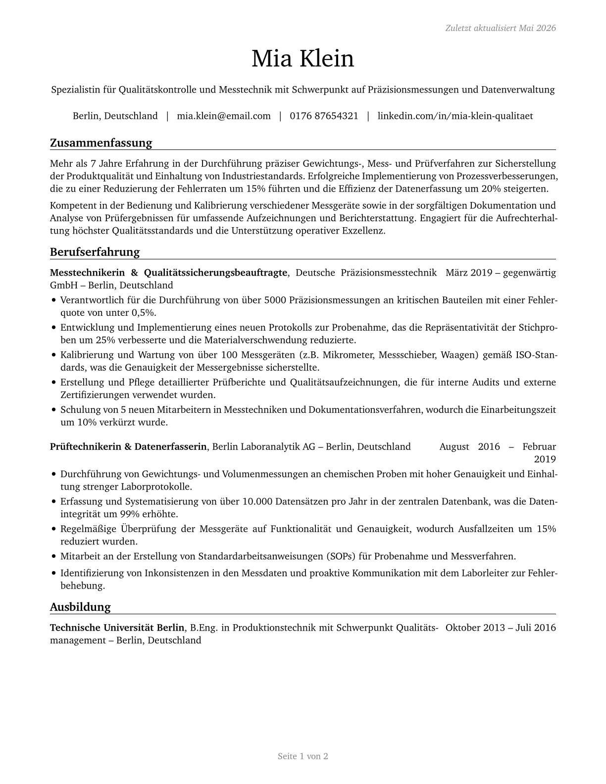 Weighers, Measurers, Checkers, and Samplers, Recordkeeping CV in German — page 1