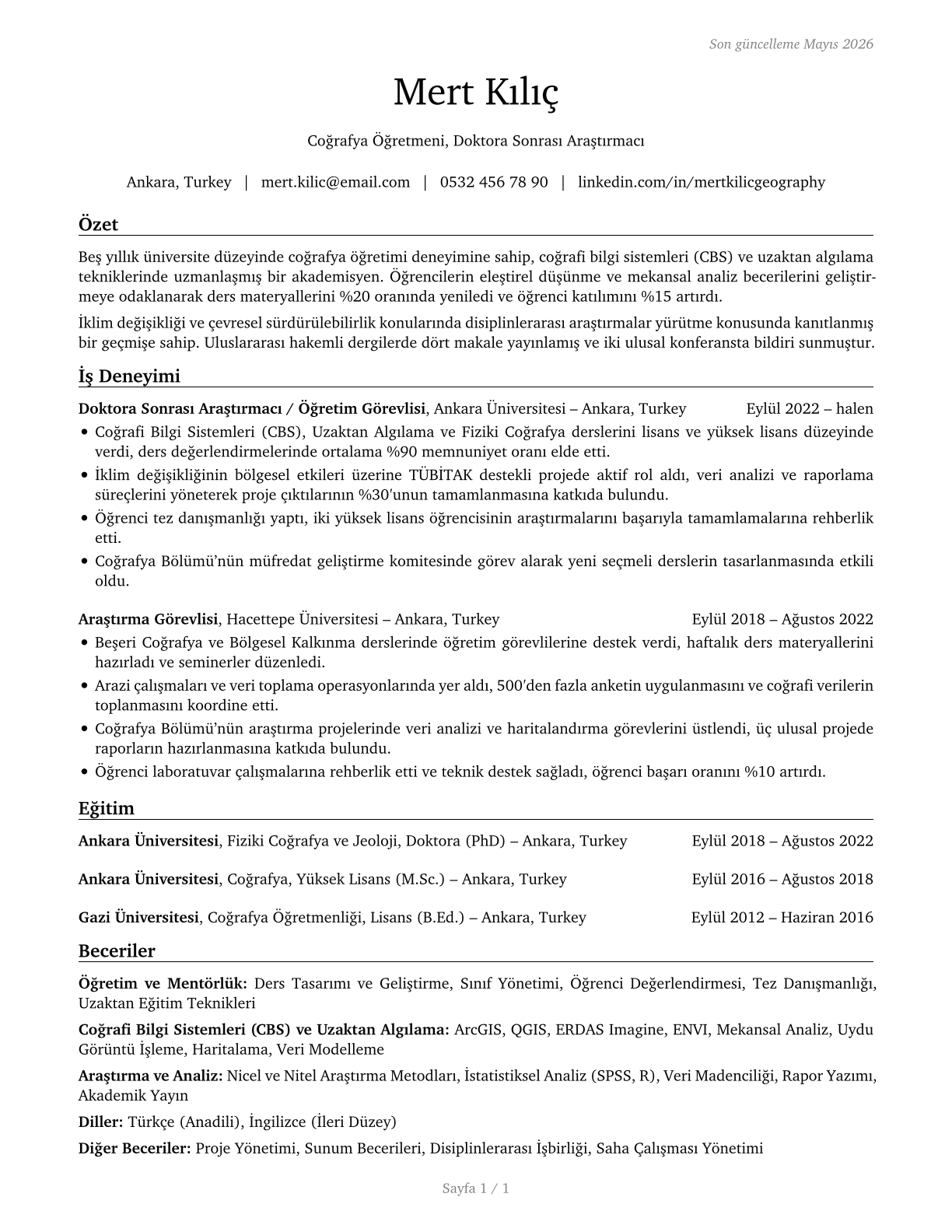 Geography Teachers, Postsecondary CV in Turkish — page 1