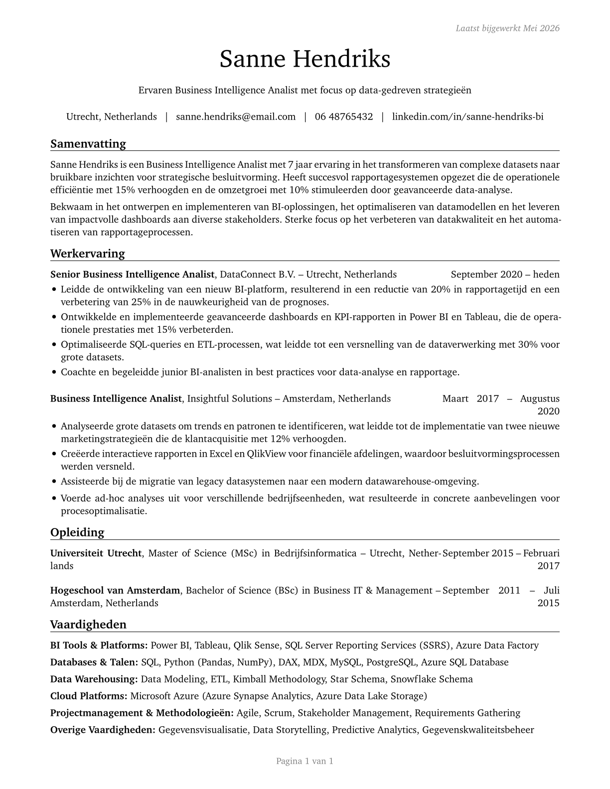 Business Intelligence Analysts CV in Dutch — page 1