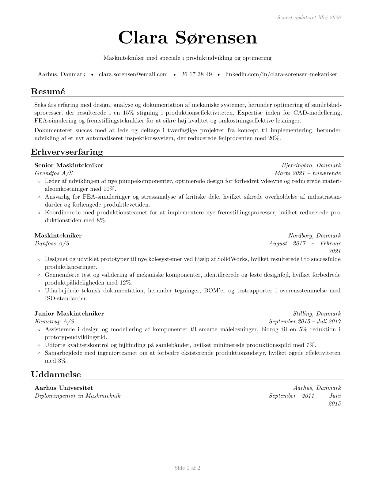 Mechanical Engineering Technologists and Technicians CV in Danish — page 1