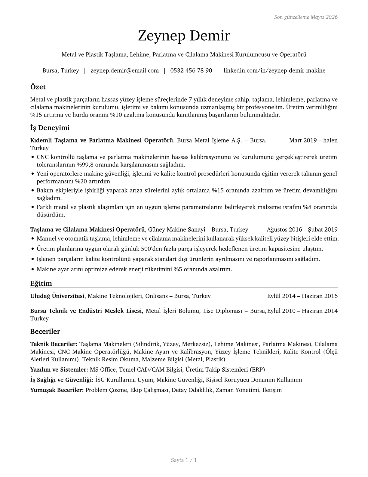 Grinding, Lapping, Polishing, and Buffing Machine Tool Setters, Operators, and Tenders, Metal and Plastic CV in Turkish — page 1