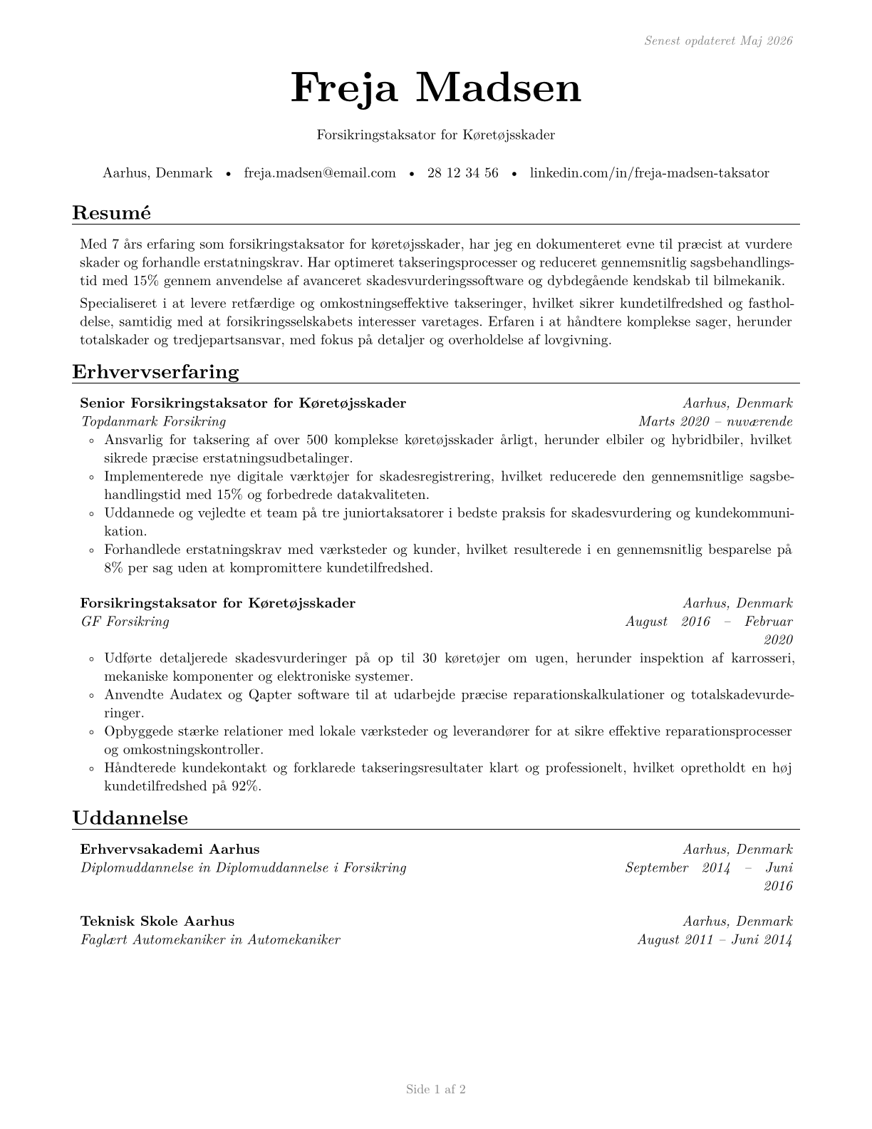 Insurance Appraisers, Auto Damage CV in Danish — page 1