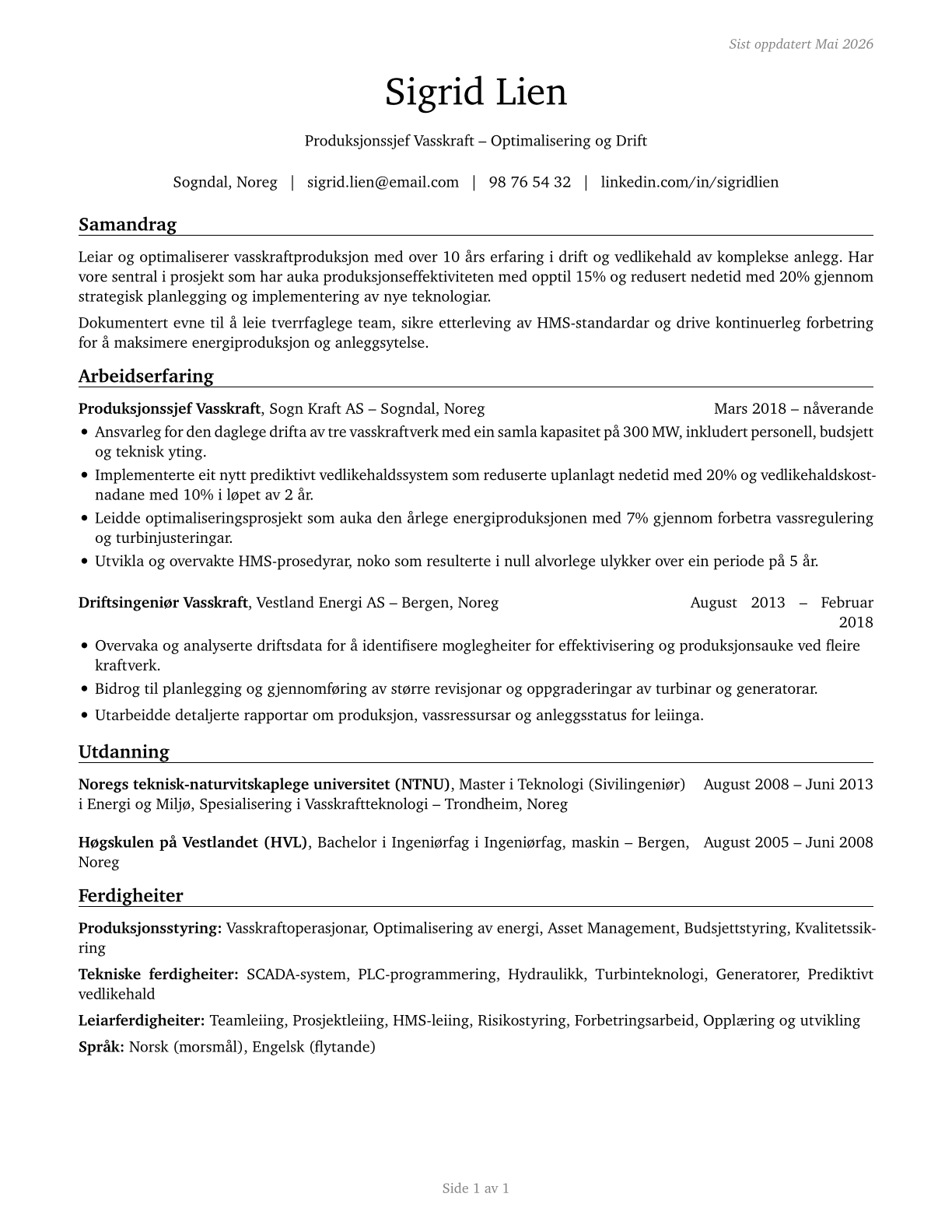 Hydroelectric Production Managers CV in Norwegian_nynorsk — page 1