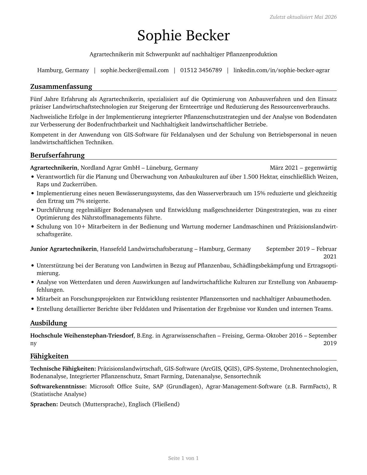Agricultural Technicians CV in German — page 1
