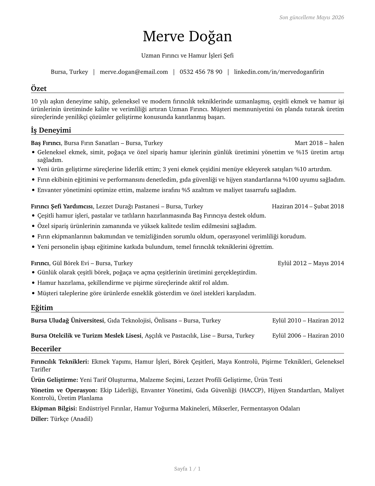 Bakers CV in Turkish — page 1