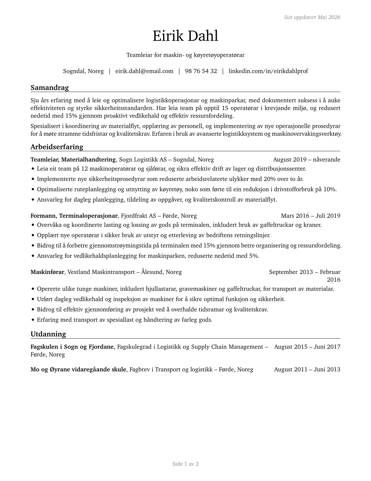 First-Line Supervisors of Material-Moving Machine and Vehicle Operators CV in Norwegian_nynorsk — page 1