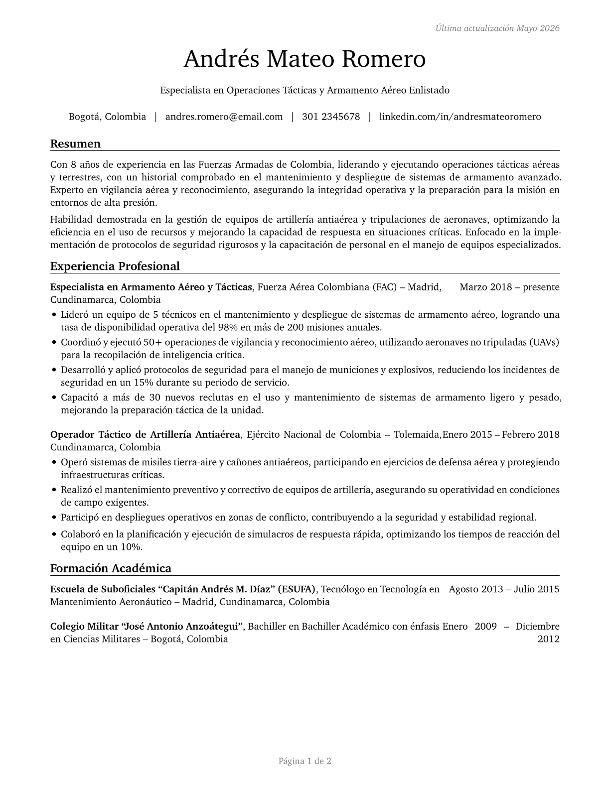 Military Enlisted Tactical Operations and Air/Weapons Specialists and Crew Members, All Other CV in Spanish — page 1
