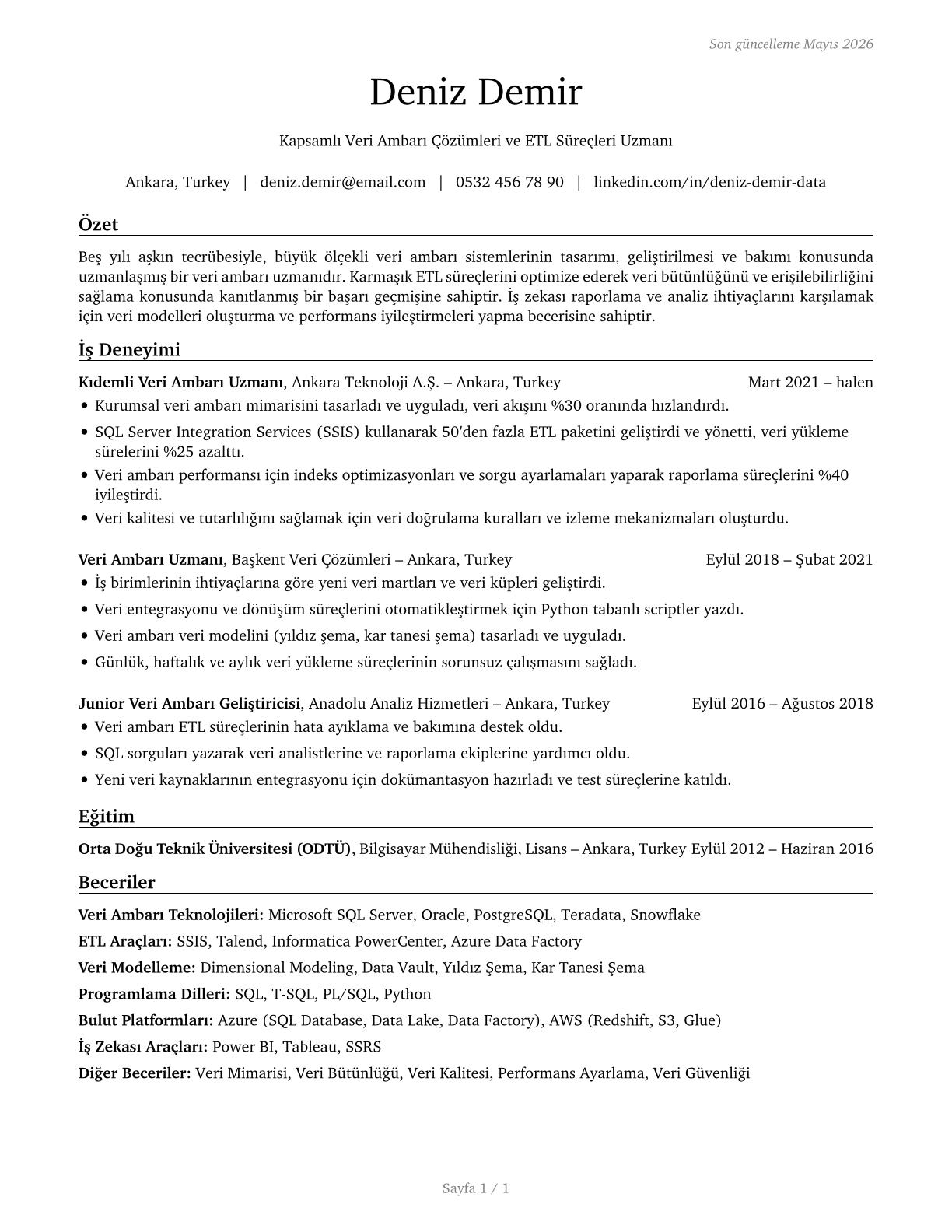 Data Warehousing Specialists CV in Turkish — page 1