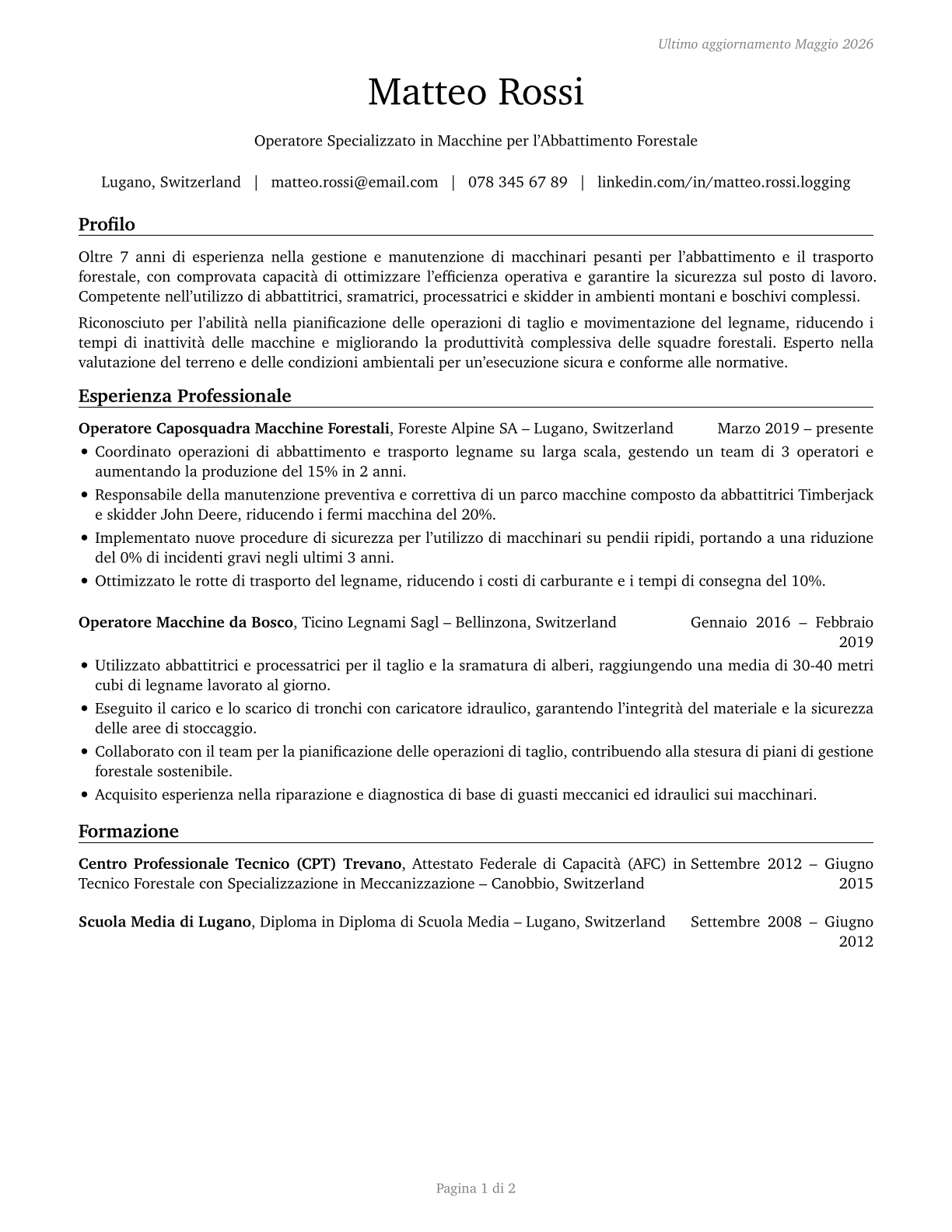 Logging Equipment Operators CV in Italian — page 1
