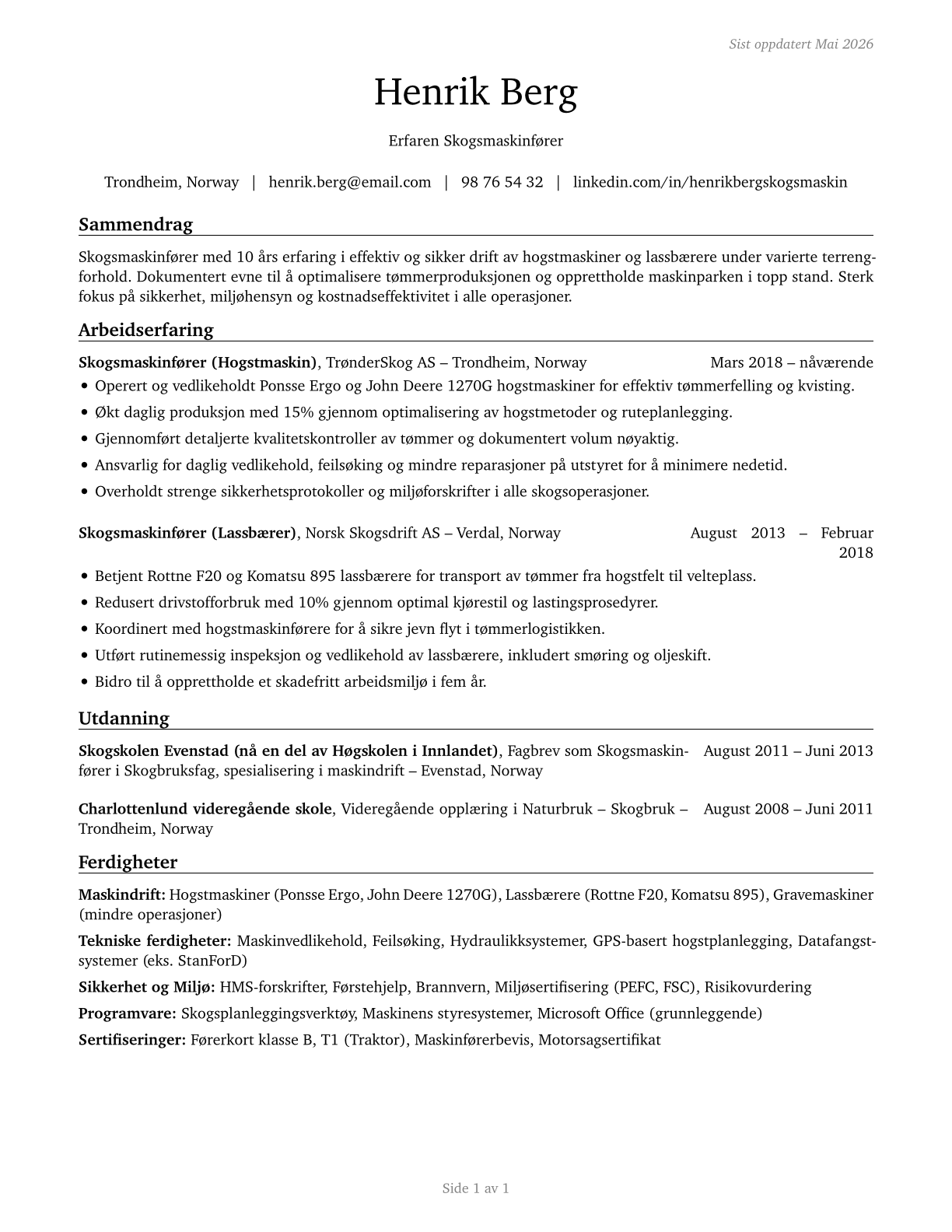 Logging Equipment Operators CV in Norwegian_bokmal — page 1