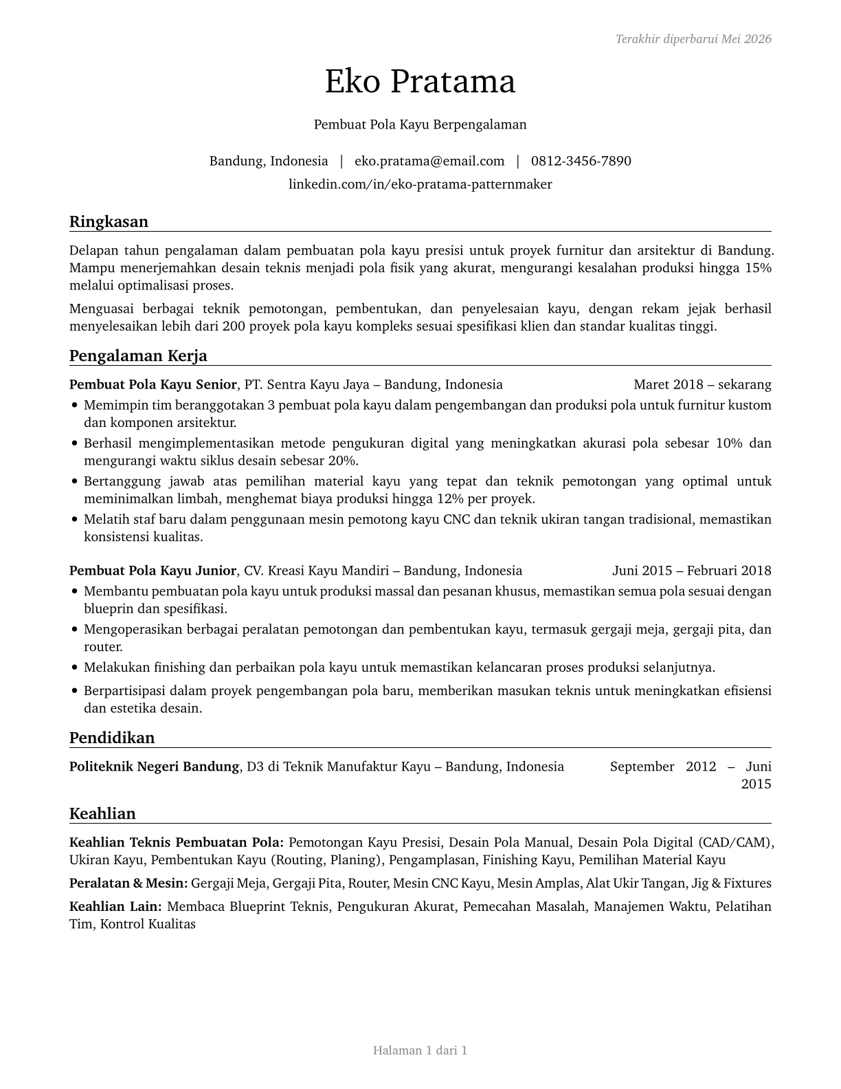 Patternmakers, Wood CV in Indonesian — page 1